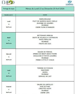 LES MENUS DU PORTAGE DE REPAS A DOMICILE DU LUNDI 13 AU DIMANCHE 19 AVRIL 2026