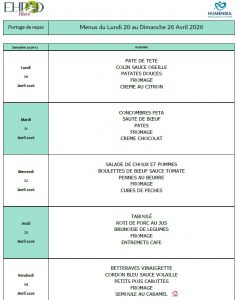 LES MENUS DU PORTAGE DE REPAS A DOMICILE DU LUNDI 20 AU DIMANCHE 26 AVRIL 2026