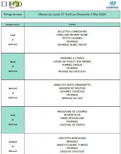 LES MENUS DU PORTAGE DE REPAS A DOMICILE DU LUNDI 27 AVRIL AU DIMANCHE 3 MAI 2026