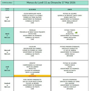 LES MENUS DE L’EHPAD DU LUNDI 11 AU DIMANCHE 17 MAI 2026