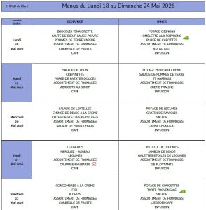 LES MENUS DE L’EHPAD DU LUNDI 18 AU DIMANCHE 24 MAI 2026