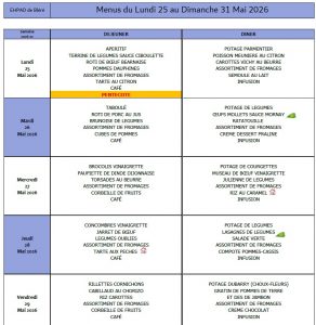 LES MENUS DE L’EHPAD DU LUNDI 25 AU DIMANCHE 31 MAI