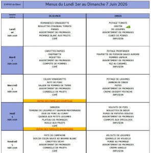 LES MENUS DE L’EHPAD DU LUNDI 1er AU DIMANCHE 7 JUIN 2026