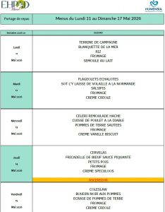 LES MENUS DU PORTAGE DE REPAS A DOMICILE DU LUNDI 11 AU DIMANCHE 17 MAI 2026