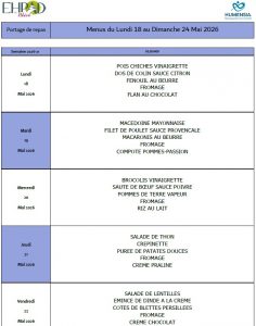 LES MENUS DU PORTAGE DE REPAS A DOMICILE DU LUNDI 18 AU DIMANCHE 24 MAI 2026