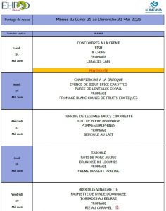 LES MENUS DU PORTAGE DE REPAS A DOMICILE DU LUNDI 25 AU DIMANCHE 31 MAI 2026