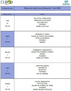 LES MENUS DU PORTAGE DE REPAS A DOMICILE DU LUNDI 1er AU DIMANCHE 7 JUIN 2026