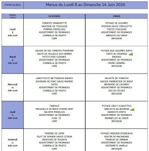 LES MENUS DE L’EHPAD DU LUNDI 8 AU DIMANCHE 14 JUIN 2026