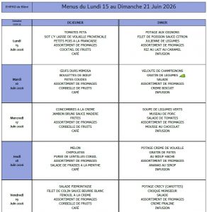LES MENUS DE L’EHPAD DU LUNDI 15 AU DIMANCHE 21 JUIN 2026