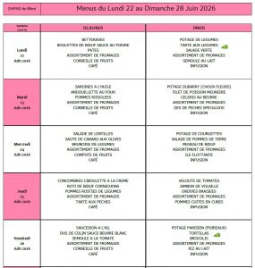 LES MENUS DE L’EHPAD DU LUNDI 22 AU DIMANCHE 28 JUIN 2026