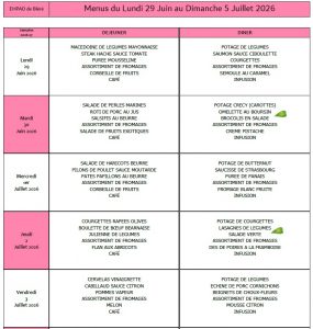 LES MENUS DE L’EHPAD DU LUNDI 29 JUIN AU DIMANCHE 5 JUILLET 2026