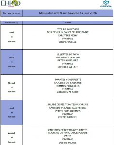 LES MENUS DU PORTAGE DE REPAS A DOMICILE DU LUNDI 8 AU DIMANCHE 14 JUIN 2026