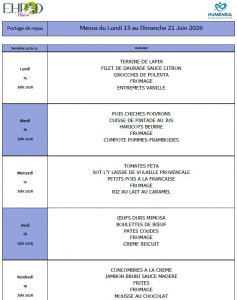 LES MENUS DU PORTAGE DE REPAS A DOMICILE DU LUNDI 15 AU DIMANCHE 21 JUIN 2026