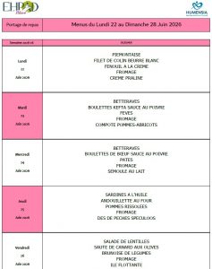 LES MENUS DU PORTAGE DE REPAS A DOMICILE DU LUNDI 22 AU DIMANCHE 28 JUIN 2026