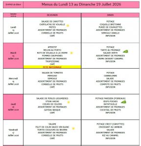 LES MENUS DE L’EHPAD DU LUNDI 13 AU DIMANCHE 19 JUILLET 2026