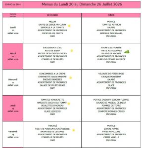 LES MENUS DE L’EHPAD DU LUNDI 20 AU DIMANCHE 26 JUILLET 2026