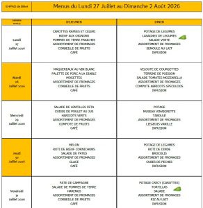 LES MENUS DE L’EHPAD DU LUNDI 27 JUILLET AU DIMANCHE 2 AOUT 2026