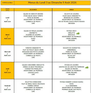 LES MENUS DE L’EHPAD DU LUNDI 3 AU DIMANCHE 9 AOUT 2026