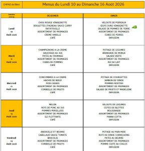 LES MENUS DE L’EHPAD DU LUNDI 10 AU DIMANCHE 16 AOUT 2026