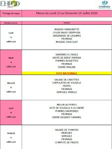 LES MENUS DU PORTAGE DE REPAS A DOMICILE DU LUNDI 13 AU DIMANCHE 19 JUILLET 2026