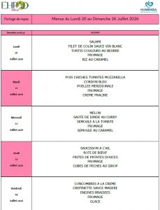 LES MENUS DU PORTAGE DE REPAS A DOMICILE DU LUNDI 20 AU DIMANCHE 26 JUILLET 2026