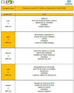 LES MENUS DU PORTAGE DE REPAS A DOMICILE DU LUNDI 27 JUILLET AU DIMANCHE 2 AOUT 2026