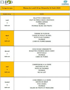 LES MENUS DU PORTAGE DE REPAS A DOMICILE DU LUNDI 10 AU DIMANCHE 16 AOUT 2026