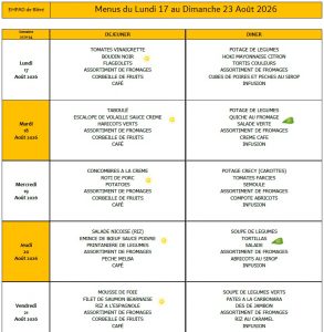 LES MENUS DE L’EHPAD DU LUNDI 17 AU DIMANCHE 23 AOUT 2026