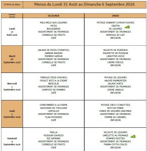 LES MENUS DE L’EHPAD DU LUNDI 31 AOUT AU DIMANCHE 6 SEPTEMBRE 2026