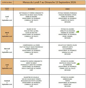 LES MENUS DE L’EHPAD DU LUNDI 7 AU DIMANCHE 13 SEPTEMBRE 2026