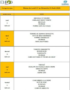LES MENUS DU PORTAGE DE REPAS A DOMICILE DU LUNDI 17 AU DIMANCHE 23 AOUT 2026
