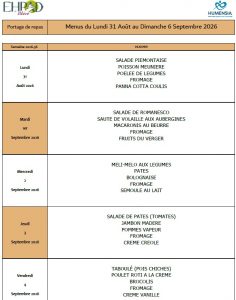 LES MENUS DU PORTAGE DE REPAS A DOMICILE DU LUNDI 31 AOUT AU DIMANCHE 6 SEPTEMBRE 2026