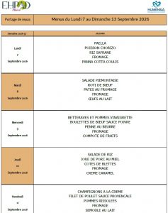 LES MENUS DU PORTAGE DE REPAS A DOMICILE DU LUNDI 7 AU DIMANCHE 13 SEPTEMBRE 2026