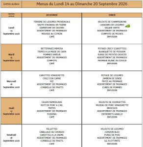 LES MENUS DE L’EHPAD DU LUNDI 14 AU DIMANCHE 20 SEPTEMBRE 2026