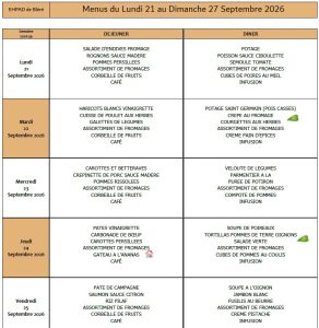 LES MENUS DE L’EHPAD DU LUNDI 21 AU DIMANCHE 27 SEPTEMBRE 2026