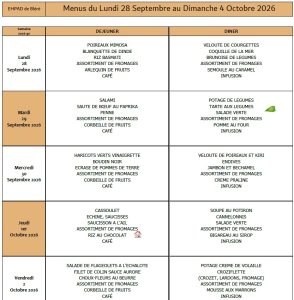 LES MENUS DE L’EHPAD DU LUNDI 28 SEPTEMBRE AU DIMANCHE 4 OCTOBRE 2026