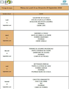 LES MENUS DU PORTAGE DE REPAS A DOMICILE DU LUNDI 14 AU DIMANCHE 20 SEPTEMBRE 2026