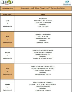 LES MENUS DU PORTAGE DE REPAS A DOMICILE DU LUNDI 21 AU DIMANCHE 27 SEPTEMBRE 2026