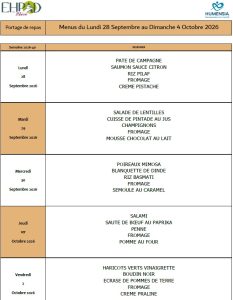 LES MENUS DU PORTAGE DE REPAS A DOMICILE DU LUNDI 28 SEPTEMBRE AU DIMANCHE 4 OCTOBRE 2026